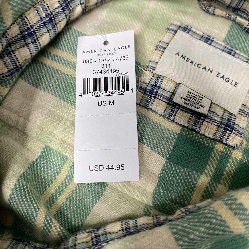 American Eagle Women Size M Button‎ Up Shirt Flannel Cropped Green Cream Plaid - Picture 15 of 16